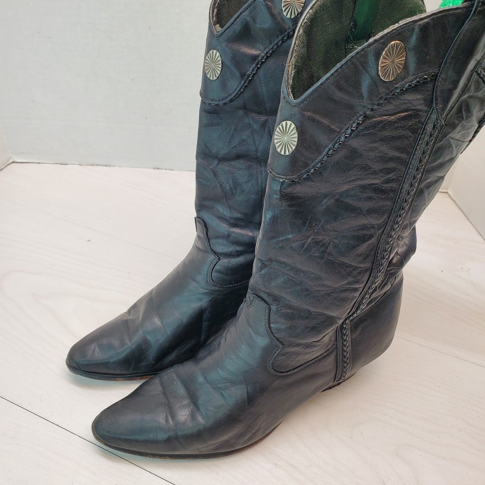 Laredo Womens Black Leather Western Cowboy Boots Concho Braided 10M USA Festival